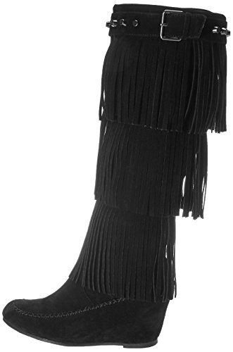 Nature Breeze Womens Bridget-02Hi Suede Fringe Studded Moccasin Knee High Wedge Boot,Black,11 #TOP7