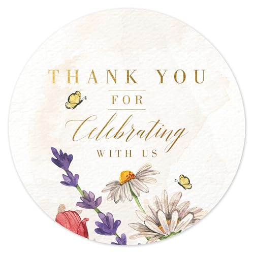 Country Wild Floral Wedding Thank You Labels Thank You for Celebrating with Us Stickers | 2 inch | Gold Foil | 60pcs Waterproof Favor Labels for Wedding, Bridal Shower, Baby Shower
