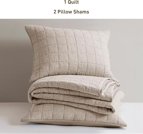 Hyde Lane Luxury Linen Quilt Set Queen Size, Organic European Flax Cotton Blend Bedding for Bedspread and Coverlet, Box Stitched, with 2 Pillow Shams, 90\"x96\", Linen - Thumbnail 5