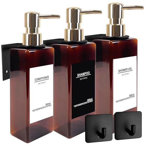 HCYWOC 3 Pièces Distributeur Savon Mural sans Percage, Distributeur de Savon Mural avec 32 Étiquettes Imperméables, 500ml Distributeur Gel Douche Mural, Distributeur...