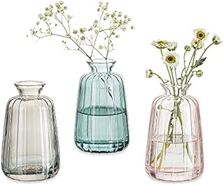 Glass Vases for Flowers Small Vase for Table Decoration, 3Pcs Vintage Bud Vases Coloured Ribbed Mini Vase Set for Kawaii Living Room Decor Bedroom Wedding Centrepieces