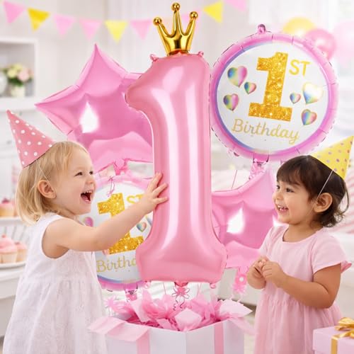 Image of 1st Birthday Foil Balloon Set Pink Number 1 Crown Balloon with Star and Round 1st Birthday Balloons for Baby Girl First Birthday Party Decoration - Pack of 5