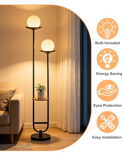 Image of Lightdot 63IN Black Floor Lamp with U Pole, 2 Globe Mid Century Standing Lamps Dimmable with 3000K Warm White LED Bulbs& Grey Shade, Unique Vintage Tall Floor Lamp for Living Room /Wedding /Party