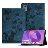 Auslbin Butterfly y Estilo de Gato Funda Compatible con Lenovo Idea Tab 11" Tablet 2025 TB-336ZU TB-336FU En Relieve Cuero Retro PU Carasa de Tableta con Soporte para Bolígrafo, Azul
