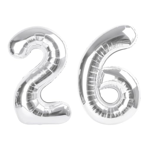 Image of Number Balloons Silver 26 Balloon 40 inch for 26 62 Birthday Decoration | Saturated Color, Large 40 inch, With Straw & Hanging Hole, For Back-To-School Season, Anniversary, Christmas, New Year
