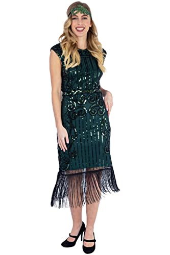 woman in a green 1920s short-sleeve flapper dress with sequin and fringe