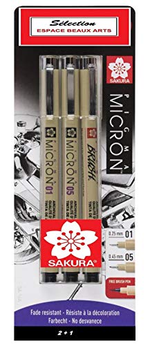 Sakura Pigma Micron - Pigmento nero per scrittura a punta superfine .01.05. Pennello [Set di 3]Made in Japan