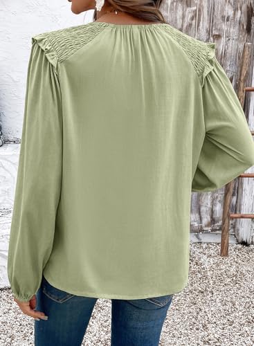 Dokotoo Lightweight Tops & Blouses Fashion Tie Front Shirts Long Lantern Sleeve Babydoll Peplum Blouse 2026 Summer Flowy Blouses Button Shirts Dressy Casual Green Large — view 5