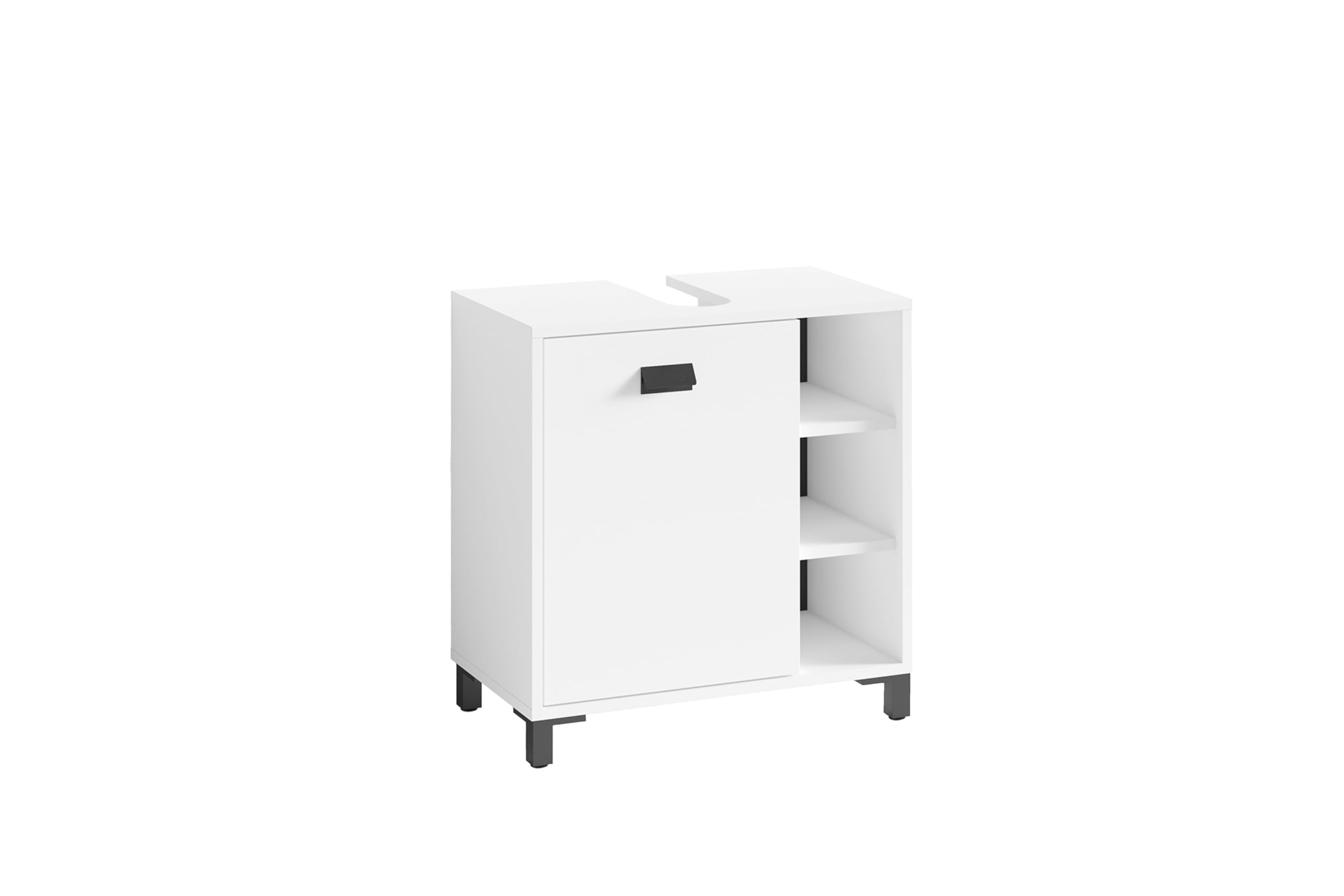 byLIVING Waschbeckenunterschrank Wellness/Waschtisch – 1 Tür, 3 offene Fächer, B 60 x H 62 x T 34 cm, Melamin weiß, Griffe schwarz