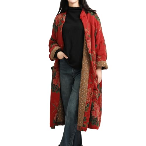 LUZU JUNU Women's Cotton Padded Floral Jacket Kimono Soft Quilted Flower Printed Long Loose Outwear Coats (US, Alpha, One Size, Regular, Regular, M1927 Floral)