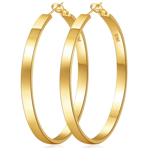 EXGOX 4MM Wide Silver Hoop Earrings for Women Sterling Silver Large Hoop Earrings 14K Real Gold Plated Hoop Earrings Hypoallergenic 925 Silver Big Hoop Earrings for Women (30/40/50/60/70mm)