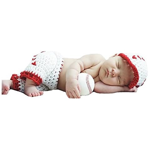 Pinbo Newborn Baby Boys Photography Prop Crochet Baseball Hat Shorts,White with red,One Size Cover