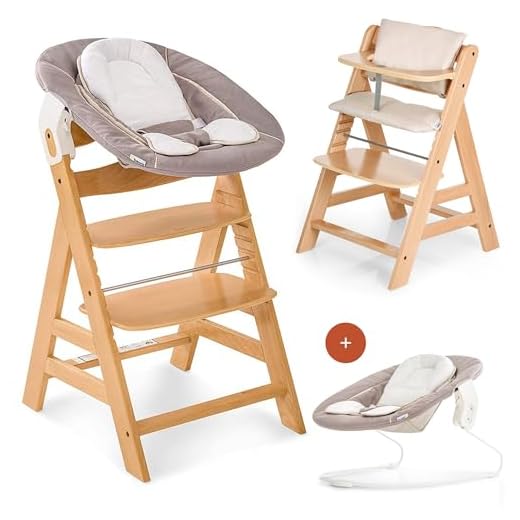 Hauck Alpha Plus Newborn Set - Chaise Haute Bébé en Bois - Évolutive dès naissance/Inclus Transat pour nouveau-né, Coussin assise, Hauteur réglable - Beige naturel
