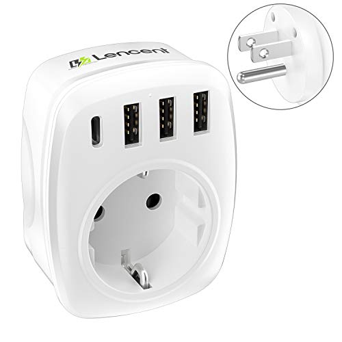 LENCENT Adaptateur Prise Americaine USA Canada France Adaptateur de Voyage avec 3 USB et 1 Type-C, Europe Francaise FR 2 Broches vers US 3 Broches pour États Unis Canada Mexique Thailande (Type B)