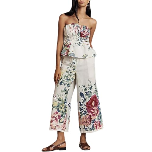 2 Piece Outfits for Women Flower Print Strapless Ruffle Hem Top and High Waist Wide Leg Long Pants Vacation