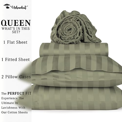 URBANHUT 800 Thread Count Egyptian Cotton Damask Striped Queen Size Sheets Set (4 Pc) - Ultra Soft & Smooth, Sateen Weave Queen Size Sheets, Luxury Hotel Sheets with 16" Deep Pocket - Sage