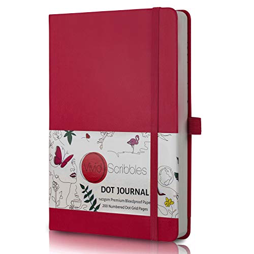 Vivid Scribbles Dotted Journal â€“ 140gsm Bleed Proof Thick White Paper â€“ 200 Numbered Dot Grid Notebook Pages â€“ Lay Flat Binding a5 Dotted Bullet Notebook with 3 satin Bookmarks and Expandable Back Pocket