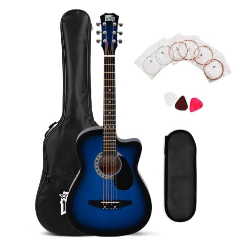 Image of INTERN Glossy 38 Inch Acoustic Guitar Kit for Beginners, Right Handed 6 String Cutaway Guitar with Spruce Top, Ebony Fretboard, Bag, Strap, Picks & Extra Strings (INT-38C-G)