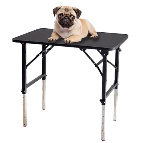 プチリュバンの6段階調節式トリミングテーブル アーム無し アジャスター付大型犬対応 Lサイズ 台面ブラック PVC 足ブラック 折畳機能 高さ約52?84cm