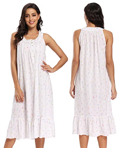 Izzy + Toby 100% Cotton Nightgowns For Women Soft Ladies Gowns Sleepwear Long Sleeveless Nightgown Print White S #TOP5