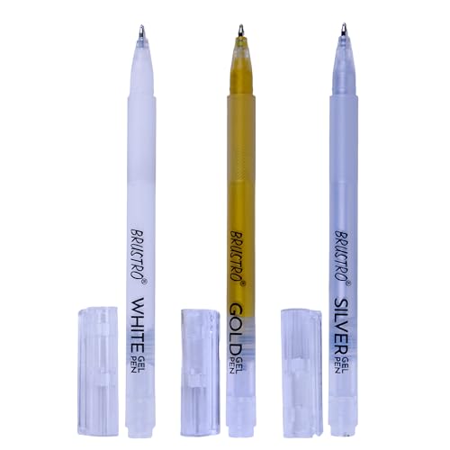 Image of BRUSTRO Assorted Gel Pen (White, Gold and Silver)|1mm Metal Tip - Set of 3,Opaque and Viscous Ink|Ideal For Drawing,Writing,Highlighting,Doodling,Scrapbooking,Mandala Art,Illustration