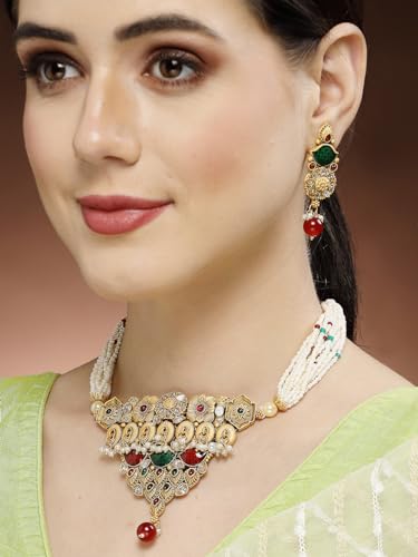 Image of Adiva Stylish Traditional Gold-Plated Kundan Stone Pearls & Beads Meenakari Handcrafted Necklace with Earrings Jewellery Set for Women & Girls