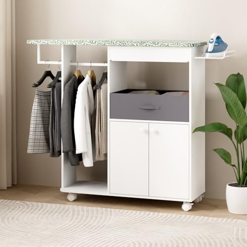 Rolling Ironing Board with Storage Cabinet, Wooden Ironing Board Cabinet with Drawer, Compact...