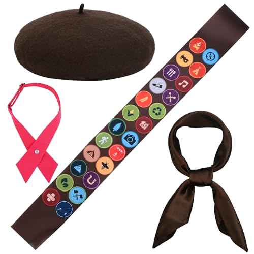Matiniy 4 Pcs Halloween Scout Costume Set Include Blackish Green Beret Sash Scarf and Bowtie for Women Party Dress Up