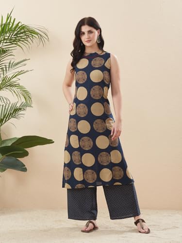 Image of MOKOSH Women's Cotton Hand Work Kurta with Palazzo Co-ords Set | Kurta Set |Round Neck Sleeveless | Indian Kurta Outfit With Palazzo Pants | 2 Piece Outfit