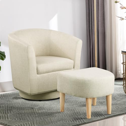DAZONE Beige Swivel Accent Chair with Ottoman, Comfy Barrel Armchair