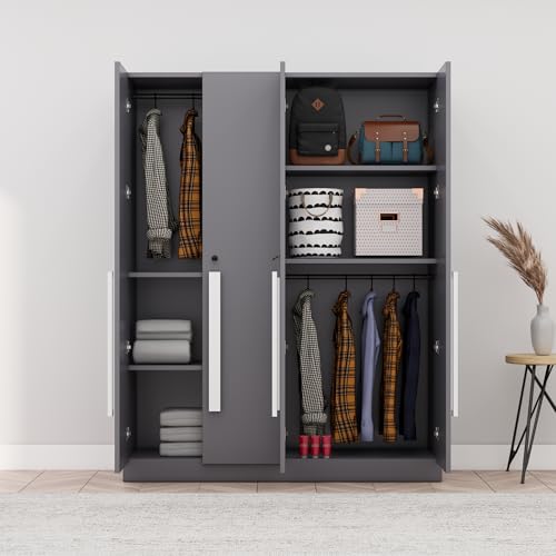 Image of Bniture 4 Door Wardrobe for Bedroom with Lockable Door & Hanging Space | Almirah for Clothes with Elevated Bottom Base | Wardrobe for Storage Cupboard | 3 Years Warranty (Slate Grey, 4 Door)