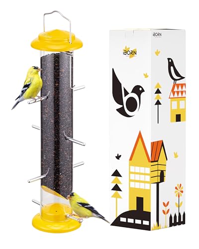 iBorn Finch Feeders for Outside,Nyjer/Thistle Bird Feeder,14 Inch Tube Bird Feeders for Outdoors Hanging,Metal Finch Feeders for Thistle Seed with 12 Small Ports,8 Metal Perches,Yellow,Pack of 1