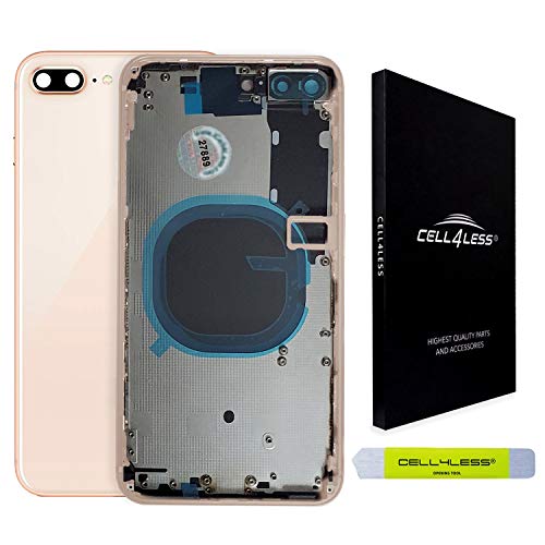 CELL4LESS Back Housing Assembly Metal Frame w/Back Glass - Sim Card Tray and Camera Frame and Lens for iPhone 8 Plus NO Logo (Gold)