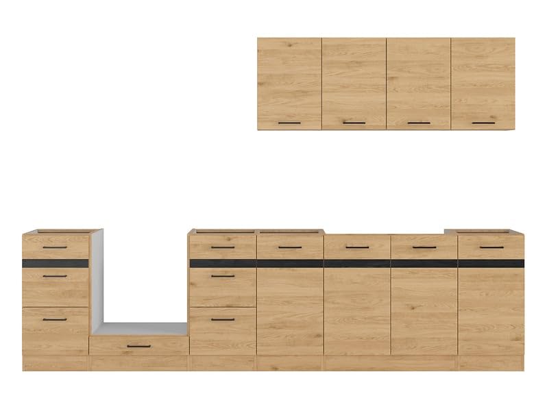 PEGANE Cuisine complète 300 cm,Ensemble de Meuble de Cuisine Coloris Chêne bernstien, Plan de Travail Non Inclus