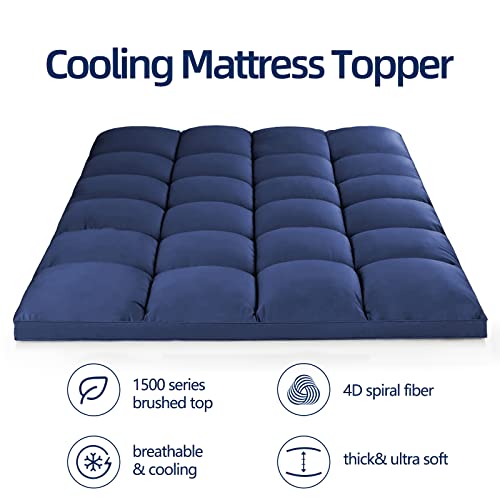 Mattress Topper Queen for Back Pain, Extra Thick Mattress Pad Cover, Plush Pillow Top, Deep Elastic Pocket, Navy