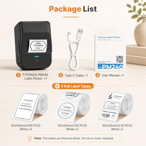 TYPONOS PM240 Label Maker Machine, Black, 3 Rolls with 50x30mm White Labels | 50x50mm White Round Labels, 50x80mm white Labels, 2'' Bluetooth Thermal Label Printer for Small Business School Home Office - image 9