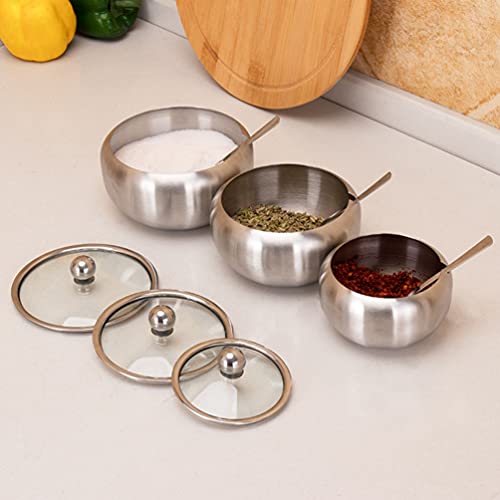 Kitchen Seasoning Organizer 3Pcs Stainless Steel Jar Sugar Pot Condiment Container Seasoning Box With Lid And Serving Spoon For Home Kitchen (Size M) Condiment Jars #TOP3