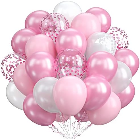 Pink White Balloons, 60 Packs 12 Inch Pink Confetti Balloons White Balloons for Birthday Party Decorations Girl, Weddings, Christening Baby Shower Party, Holiday Festival Party