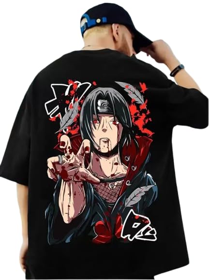 Anime Graphic T-Shirts Collection, Oversized Black Cotton, Japanese Manga Print, Short Sleeve-picture-28