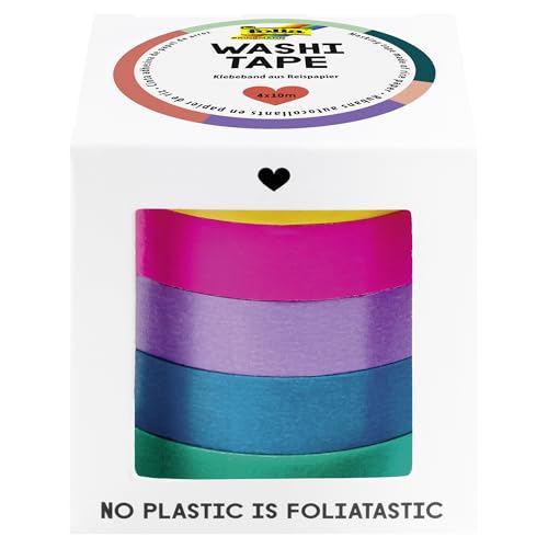 folia 26438 - Washi Tape, Klebeband aus Reispapier, Uni Basic, 5er Set, 10 m x 10 mm - ideal zum Verzieren und Dekorieren