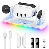 Charging Dock for Meta Quest 3S/Quest 3, YUANHOT Fast Charging Station with Color RGB Light for Oculus Quest 3S/3 Accessories, Magnetic Charger Stand for Headset/Controller with 2 Rechargeable Battery