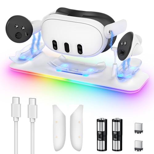 Charging Dock for Meta Quest 3S/3, YUANHOT Fast Charging Station with Color RGB Light for Oculus Quest 3S/3 Accessories, Magnetic Charger Stand for Headset/Controller with 2 Rechargeable Batteries by YUANHOT - Used condition - US$33.59