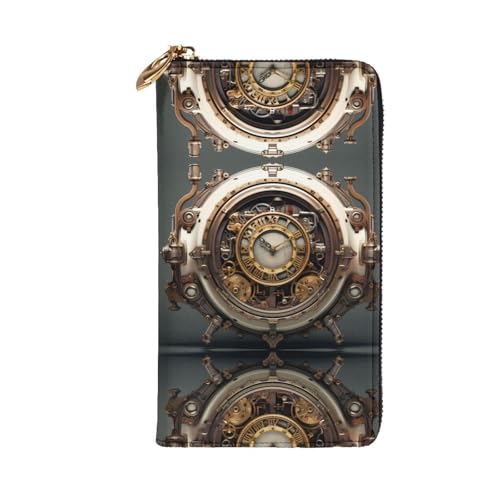 Leather Wallet 7.48 x 4.13 in - Stylish and Durable Wallet for Women with Multiple Compartments and Zipper Design Steampunk Clock Pattern2