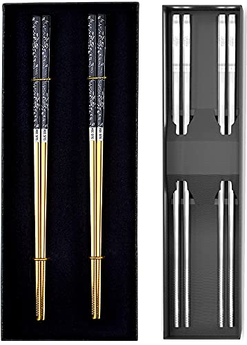 Titanium Plated Stainless Steel Chopsticks Laser Engraved Chop Sticks Black Gold 2 Pairs Gift Set+Stainless Steel Chopsticks Reusable Dishwasher Safe Metal Chopsticks with Travel Bag Gift 2 Pairs Set