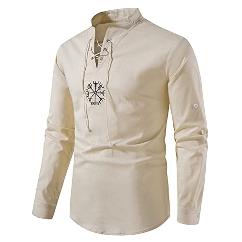 EACH WOMEN Camisa renacentista Medieval para Hombre, Camisas de Pirata para Hombre con Cuello de cordón, Atuendo de recreación vikinga de algodón Cover