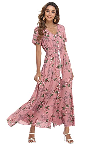Image of VintageClothing Women's Floral Maxi Dresses Boho Button Up Split Summer Casual Long Dress Beach Party Dress