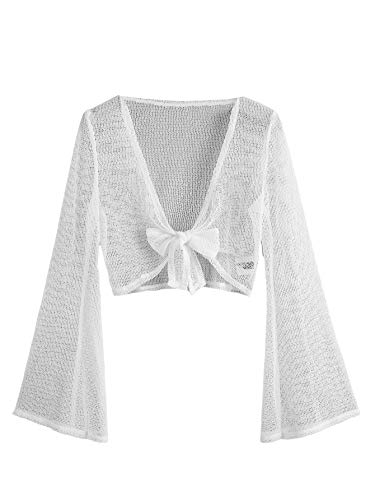 SheIn Women s Bell Long Sleeve Tie Front Sheer Crop Kimono Cardigan Beachwear Cover up White Medium