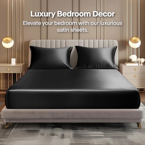 Image of BEDELITE Satin Fitted Sheet & Pillowcase Set, Cal King Size, Black, 3-Piece | Luxury Soft Silk-Like Fitted Sheet Set, 15 Inch Deep Pocket, Elegant Smooth and Reduces Friction, Gentle on Hair and Skin