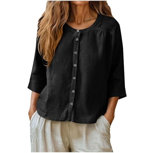 Image of Summer Shirts for Women UK 3/4 Sleeve Cotton Linen Button Down Tunic Casual Loose Round Neck Tops T-Shirt Style Black Women t Shirts 2X