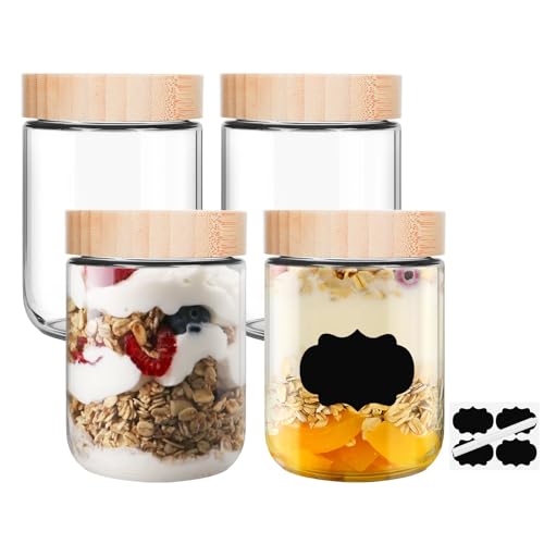 SKYLINK 16oz Glass Overnight Oats Containers with Bamboo Lids, 4 Pack – Wide Mouth Airtight Storage Jars for Meal Prep, Yogurt, Salad, Pudding, Cereal, Spices, and More